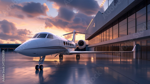 A private jet parked at a terminal during sunset photo