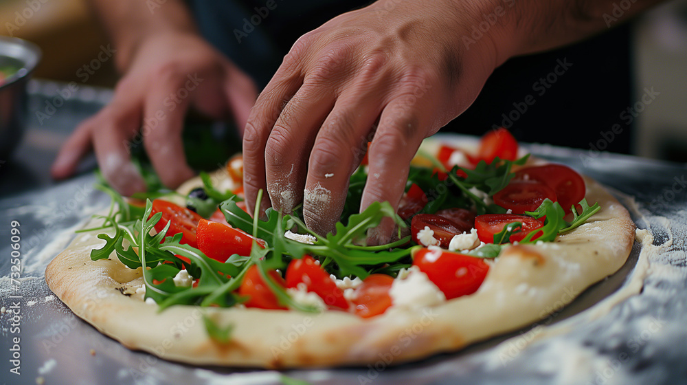 Hand finished gourmet pizza with fresh arugula, tomatoes and olives.
