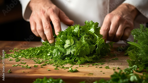 Close-up of a professional chef's hands finely chopping fresh parsley greens on a wooden cutting board. 