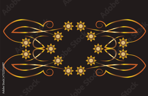 Symmetrical fantasy pattern with flowers and swirls. Illustration with place for inscription. Gold gradient on a black background for printing on fabric, applique and cards.