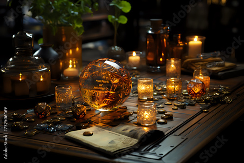  Mystical Game Night Ambiance. An enchanting tabletop scene featuring glowing dice  candles  and potions  ideal for gaming  fantasy  and role-playing themes.