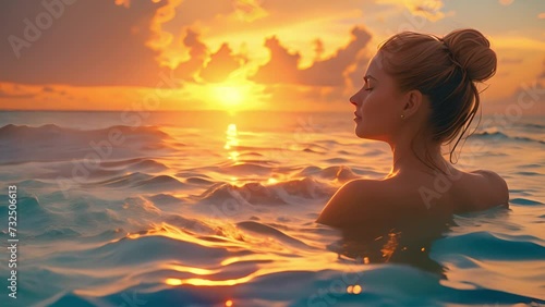 woman relaxing ocean by luxury hotel spa enjoying beautiful sunset view of ocean mediterranean travel holiday resort 4k video photo