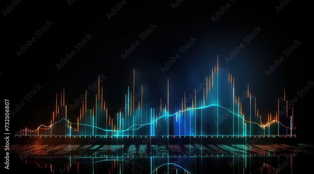 Digital display, options chart, stock market glowing on a dark background. Digital display, options chart, stock market glowing on a dark background.