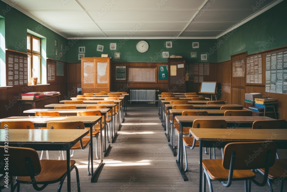 Empty classroom. Back to school concept in high school. Vintage wooden chairs and desks. Studying lessons in secondary education. Empty classroom. Back to school concept in high school. Vintage wooden chairs and desks. Studying lessons in secondary education.