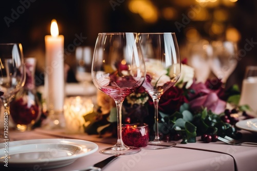 Wine glasses and elegant and selected decoration on the restaurant table romantic atmosphere  dining menu for guests
