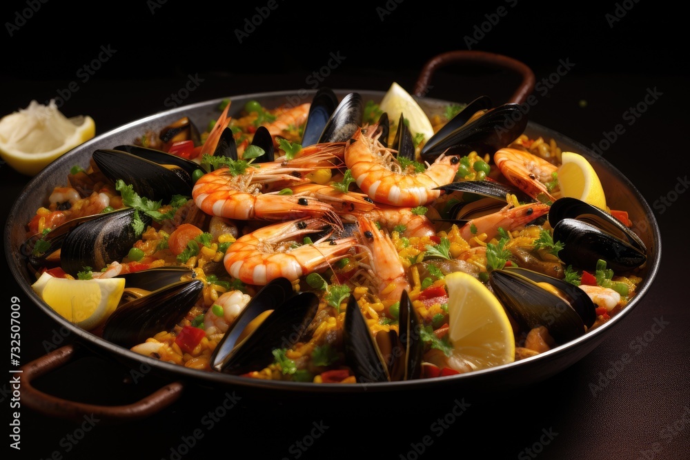 Delicious Spanish paella highlighting mussels and shrimps. Delicious Spanish paella highlighting mussels and shrimps.