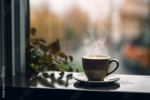 Steaming coffee cup on windowsill with outdoor view