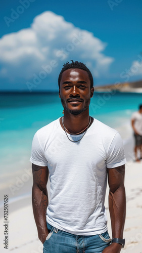 African man on background of sandy beach of the sea.