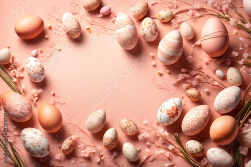 Gentle peachy-pink backdrop featuring intricate Easter details and a variety of eggs, crafting a delightful canvas for your celebratory text