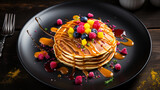 A dish of rainbow pancakes with a drizzle of maple syrup. The camera angle is from above, capturing the vibrant colors of the pancakes. highlighting the fluffiness of the pancakes. 