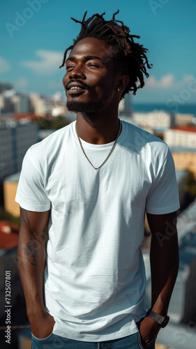 African man in white t-shirt and jeans on background of summer urban modern city.