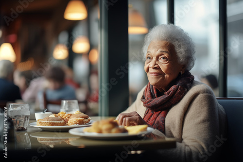 smiling elderly lady having her breakfast in a cafe