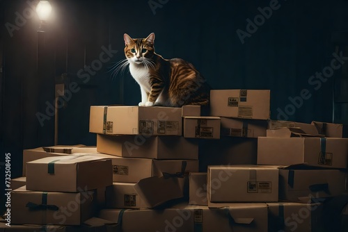 Imagine a whimsical scenario where a group of cats orchestrates a daring rescue mission from their headquarters atop a towering stack of cardboard boxes © Arbaz