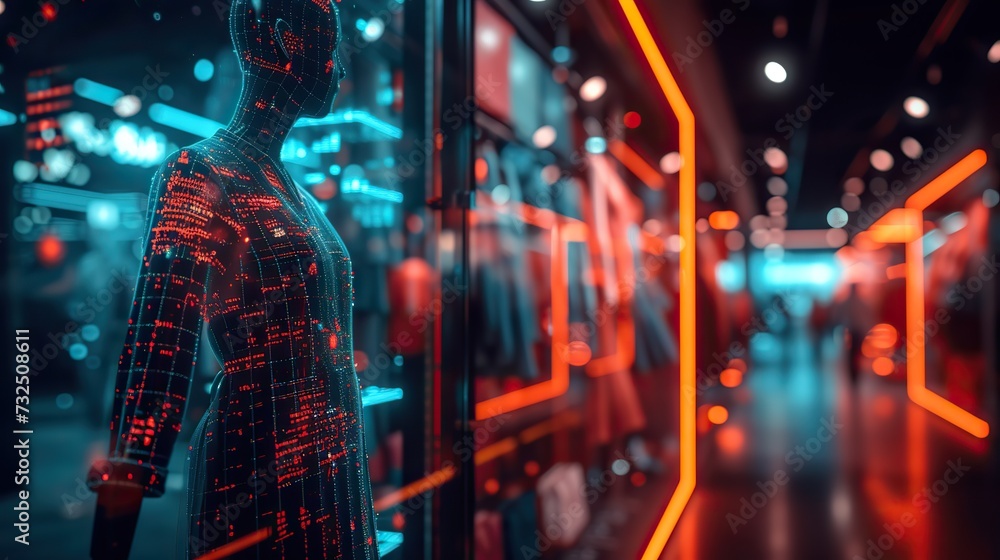 A neon digital mannequin stands out in a futuristic clothing store with interactive displays and ambient lighting. A neon digital mannequin stands out in a futuristic clothing store with interactive displays and ambient lighting.