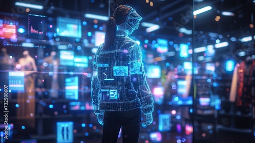 A holographic mannequin with a digital interface jacket stands in an advanced technology-oriented clothing store. photo