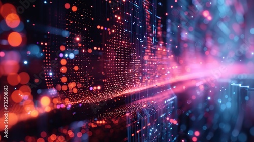 Vibrant digital data particles flow in a dynamic stream, representing connectivity and information technology.