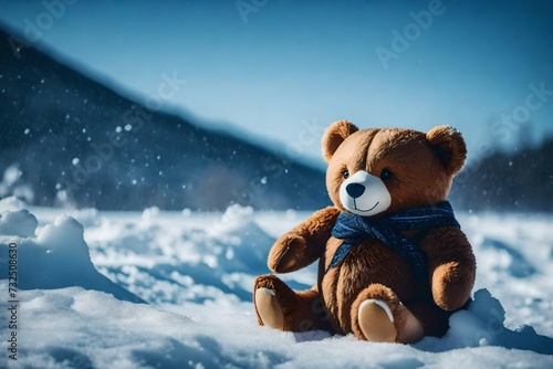 Explore the theme of resilience as a toy teddy bear sitting alone on snow braves the elements, determined to find its way back home