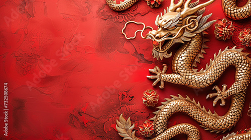 Capture the majestic Chinese golden dragon on a vibrant red background with space for text. Symbol of power and prosperity