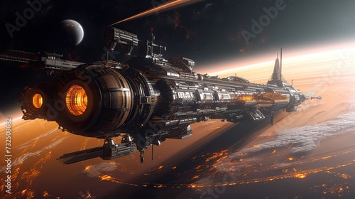 An immense space station with glowing engines orbits a planet engulfed in flames, evoking a scene of space colonization.