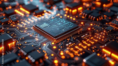 A microprocessor chip sits at the heart of a circuit board, with glowing orange connections indicating active data processing.