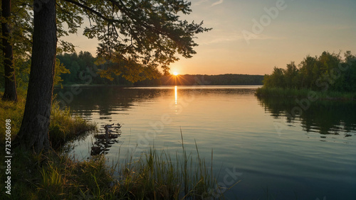 Photograph the intimate moment when the last rays of the sun kiss the tips of the trees by the lake and enveloping the landscape in a soft, warm light, as the day gracefully transitions into night