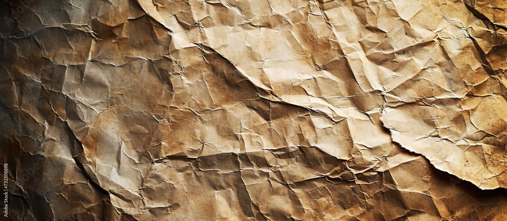 A detailed view of a crumpled brown paper showcasing unique patterns resembling bedrock formations and tree trunks. A detailed view of a crumpled brown paper showcasing unique patterns resembling bedrock formations and tree trunks.