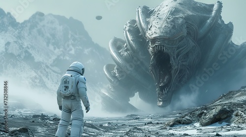 A lone astronaut stands facing a colossal alien creature in a desolate, icy extraterrestrial landscape.
