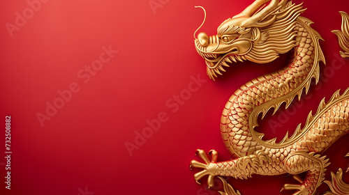 Capture the majestic Chinese golden dragon on a vibrant red background with space for text. Symbol of power and prosperity