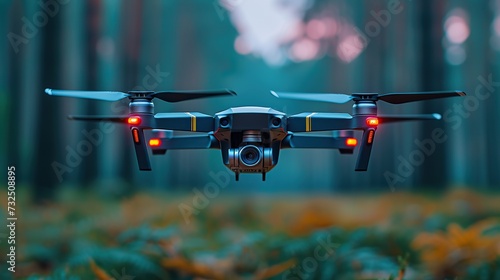 A state-of-the-art quadcopter drone with a mounted camera hovers at eye level in a misty, autumnal forest.