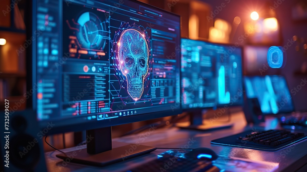 Multiple computer screens in a dark room display a glowing cyber security skull graphic, symbolizing digital threats and network protection.