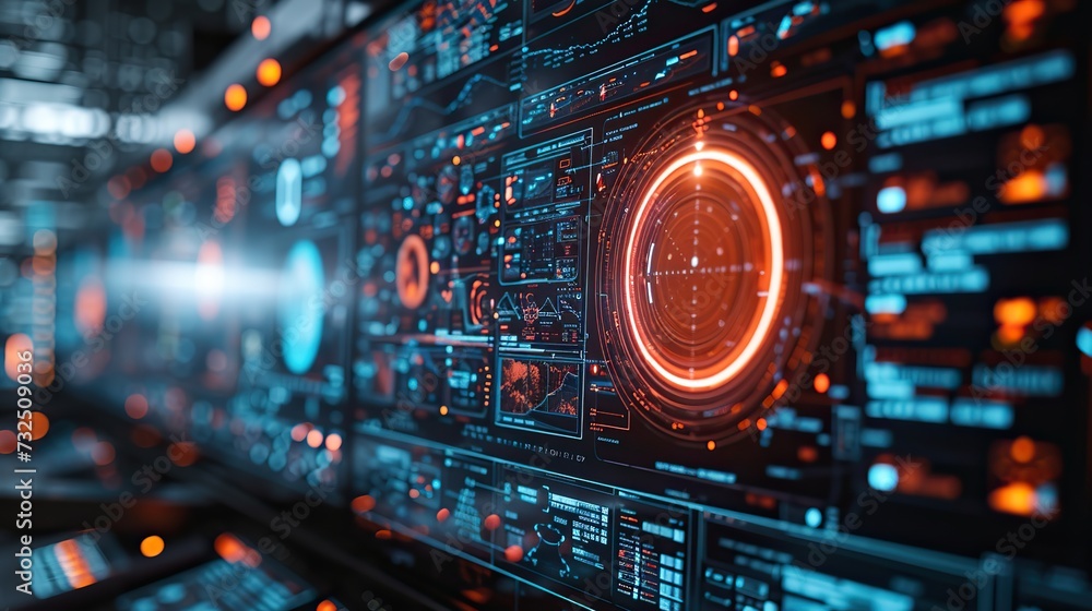 A detailed view of an advanced network monitoring dashboard with dynamic interfaces and data analytics in a high-tech control room environment. A detailed view of an advanced network monitoring dashboard with dynamic interfaces and data analytics in a high-tech control room environment.