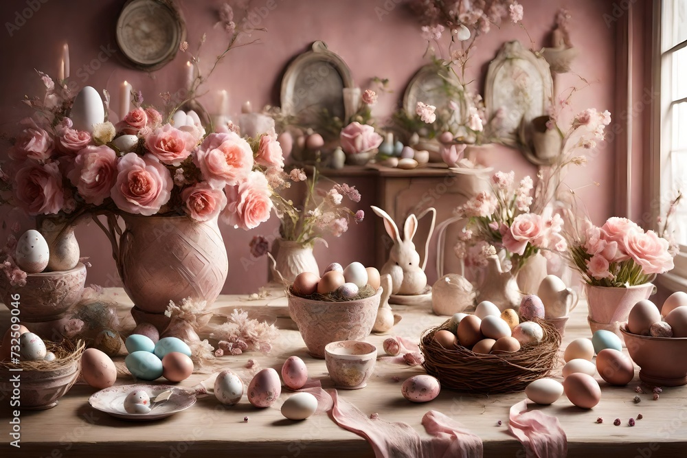Muted rose-colored scene adorned with elaborate Easter embellishments and an assortment of eggs, creating a charming space for your celebratory message