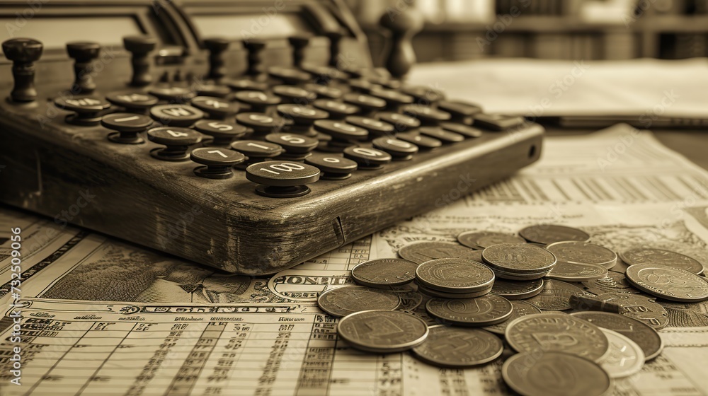 Sepia-toned image of a classic cash register, coins, and vintage financial documents depicting historical business transactions. Sepia-toned image of a classic cash register, coins, and vintage financial documents depicting historical business transactions.