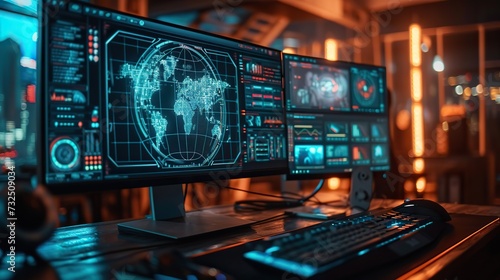 Sophisticated command center with multiple displays showing global cybersecurity threats and network monitoring in an atmospheric room.