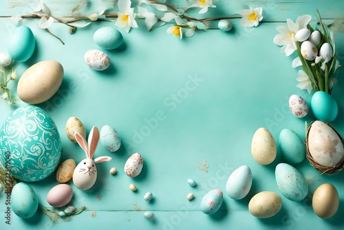 Light turquoise-hued ambiance adorned with whimsical Easter decorations and a variety of eggs, providing a magical backdrop for your celebratory text