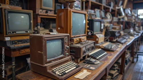 A diverse assembly of old computers and monitors, capturing the evolution of personal computing technology.