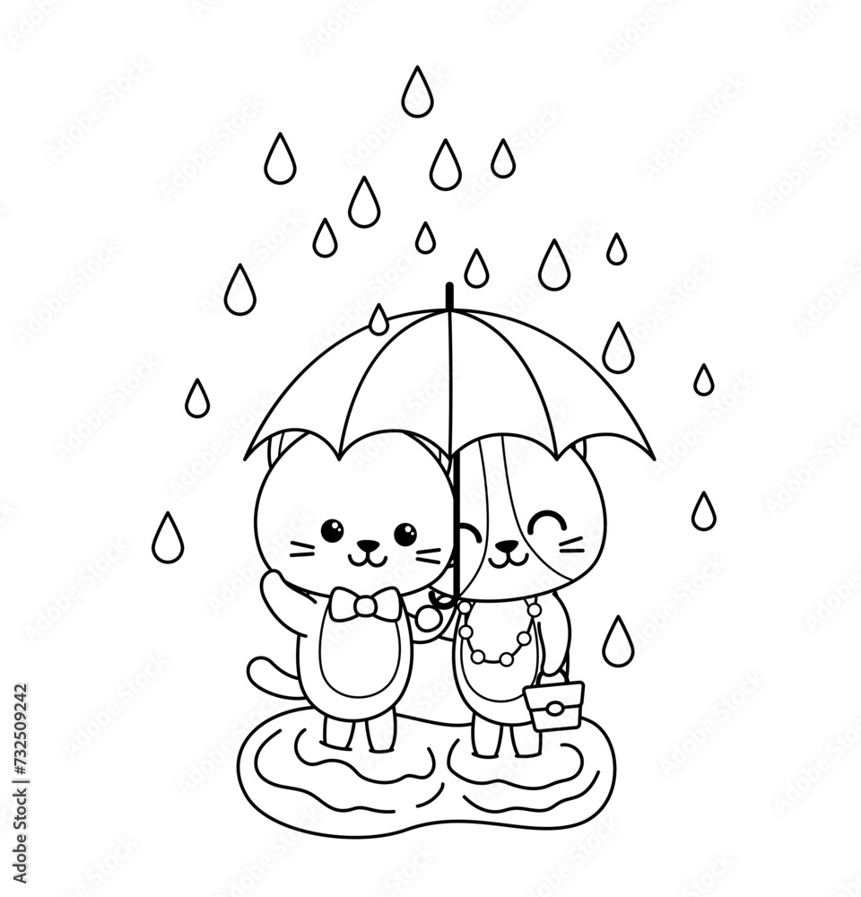 Black and white. Coloring page. Kittens under umbrella. Vector