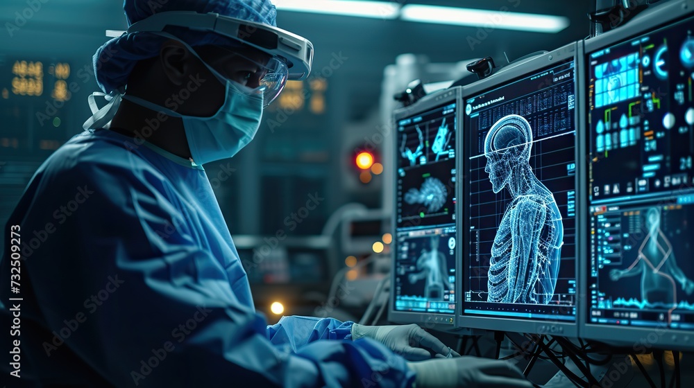 A focused medical professional in surgical attire engages with 3D ...