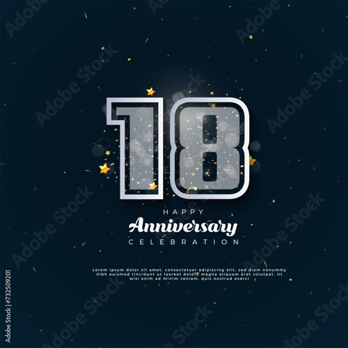 18th Anniversary celebration, 18 Anniversary celebration in black BG, stars, glitters and ribbons, festive illustration, white number 18 sparkling confetti, 18,19 photo