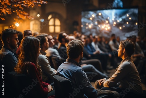 A rear view of the audience in the conference hall or seminar reveals a dynamic crowd immersed in the enlightening discourse