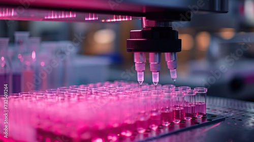 Close-up of an automated liquid handling robot performing high-throughput pipetting in a biotechnology research laboratory with pink solution samples.