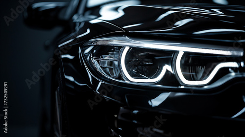 Sleek black car headlight with chrome detail © Patrick