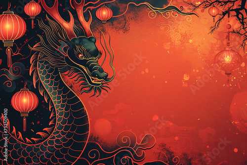 Vibrant Chinese New Year banner with red backdrop, lanterns, dragon, and gold coins, featuring ample space for text.
