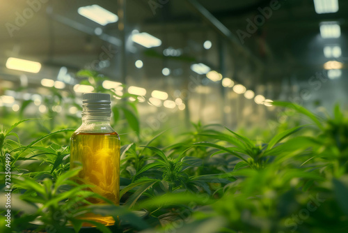 Cannabis oil bottle in marijuana grow house or factory, trends in cannabis therapy