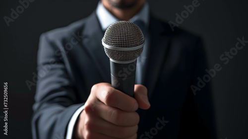 Confident investor or businessman holding microphone presenting business plan, digital financial growth data and information