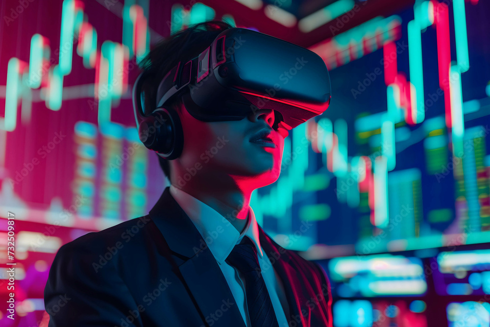 Investor or businessman using virtual reality for trading and investing in stock and currency market, modern or new technology helps increase convenience and easy of work Investor or businessman using virtual reality for trading and investing in stock and currency market, modern or new technology helps increase convenience and easy of work