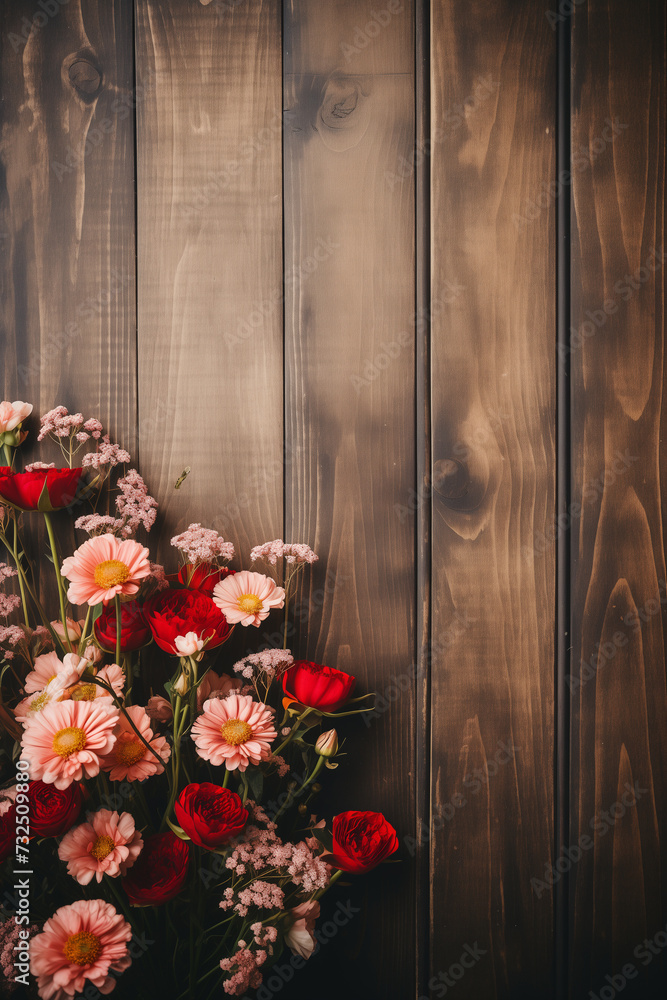 wooden background with colorful flowers