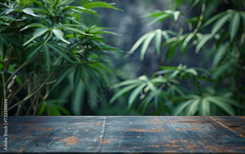 Leerer rustikaler alter Metalltisch mit Freiraum und Cannabis-Pflanzen im Hintergrund. Vorlage für Produktpräsentation