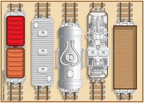 Railway locomotive and wagons. View from above. On a colored background. Vector illustration.