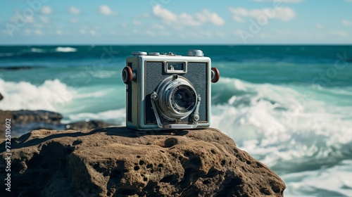 Vintage analog camera resting gracefully against serene oceanic backdrop photo